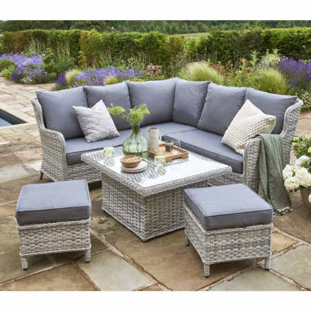 Wroxham Grey Garden Mini Corner Sofa Set with Rising Table and Stools