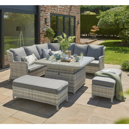 Wroxham Grey Garden Large Corner Sofa Set with Rising Table and Ottomans