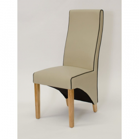 Wave Solid Oak Matt Ivory With Black Piping Leather Dining Chair