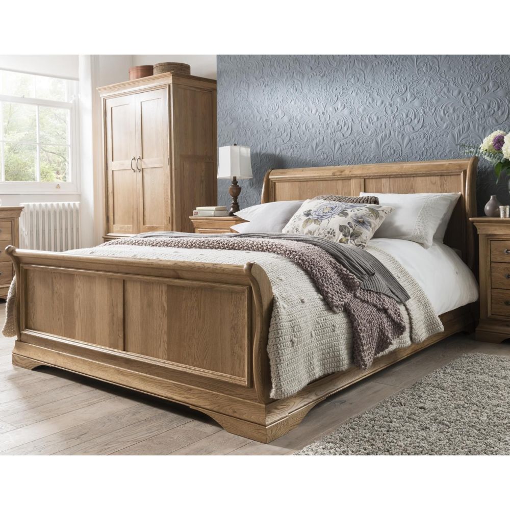 French Solid Oak 4'6 Double Sleigh Bed