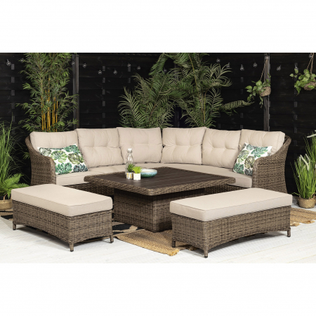 Hazel Garden Corner Sofa With Rising Table and Benches in Brown