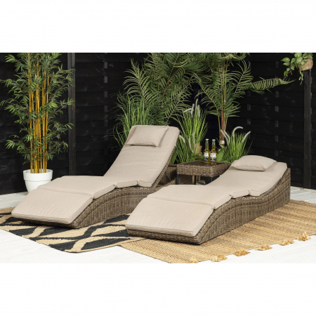 Hazel Garden Set of Two Sun Loungers With Side Table in Brown