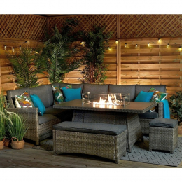 Kenley Grey Garden Corner Sofa With Firepit Dining Table, Bench And Stool