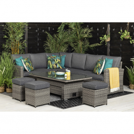 Melody Garden Corner Sofa With Rising Table and Stools in Grey