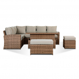 Sloane High Back Corner Sofa with Rising Table, Stool & Bench in Brown